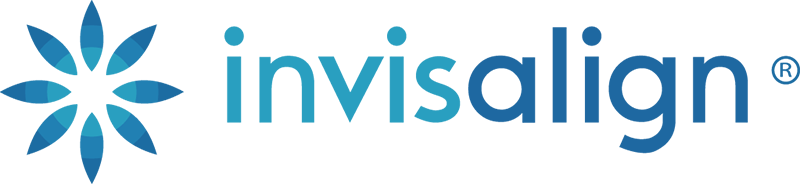 The image displays a logo with the text INVISALIGN prominently featured above a stylized graphic resembling a flower or a sunburst effect, set against a light background with a darker border.